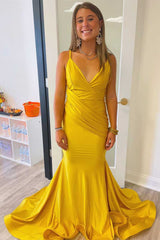 Long Mustard Yellow Prom Dresses Straps Mermaid Pleated