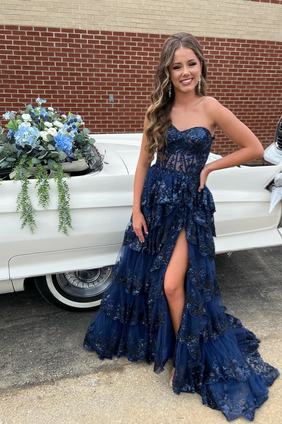 Long Navy Blue Sequin Tiered Formal Dresses Strapless split MyChicDress Long Navy Blue Sequin Tiered Formal Dresses Strapless split MyChicDress