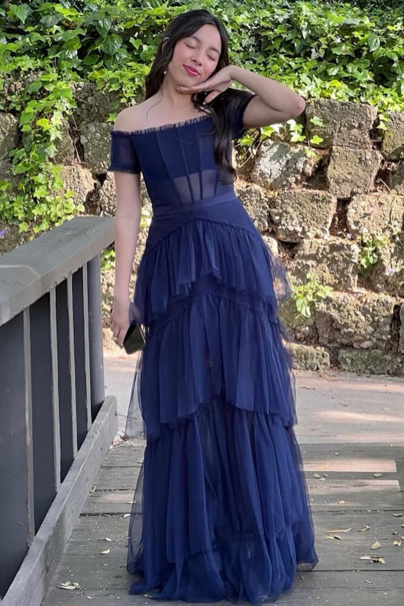 Long Navy Blue Tiered Prom Dress Tulle Off the Shoulder Formal Dress Black / US10 Long Navy Blue Tiered Prom Dress Tulle Off the Shoulder Formal Dress Black / US10