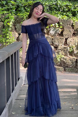 Long Navy Blue Tiered Prom Dress Tulle Off the Shoulder Formal Dress