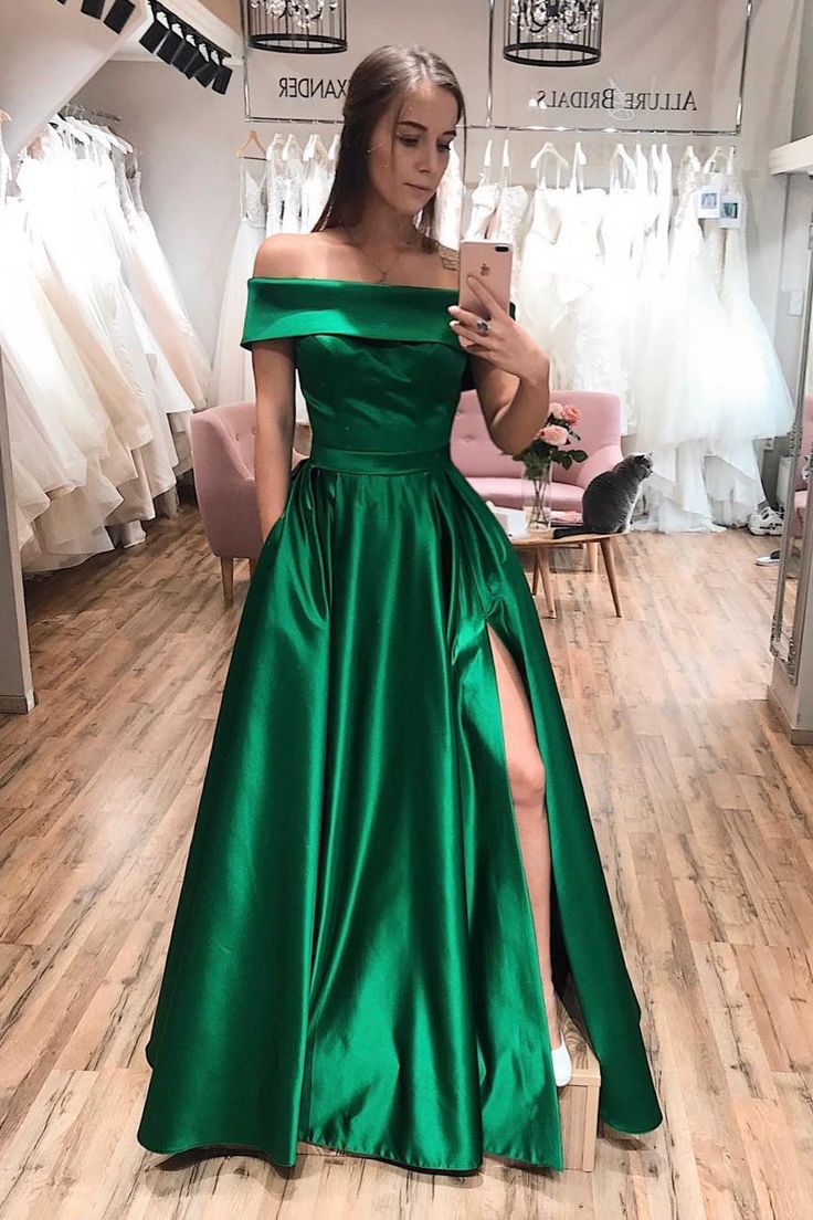 Long Off Shoulder Satin Formal Dress Emerald Green Party Dress Side Slit Custom Color / US12 Long Off Shoulder Satin Formal Dress Emerald Green Party Dress Side Slit Custom Color / US12