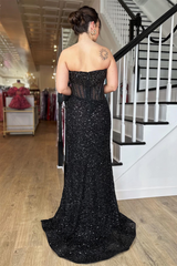 Long Prom Dress Black Strapless Sequins Evening Dress Mermaid Slit