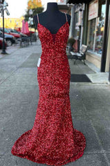 2024 Long Prom Dresses Red Sequins Beaded Mermaid Evening Dress Straps