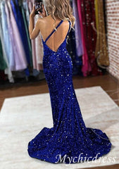 Long Prom Dresses Royal Blue One Shoulder Sequin Evening Gown UK