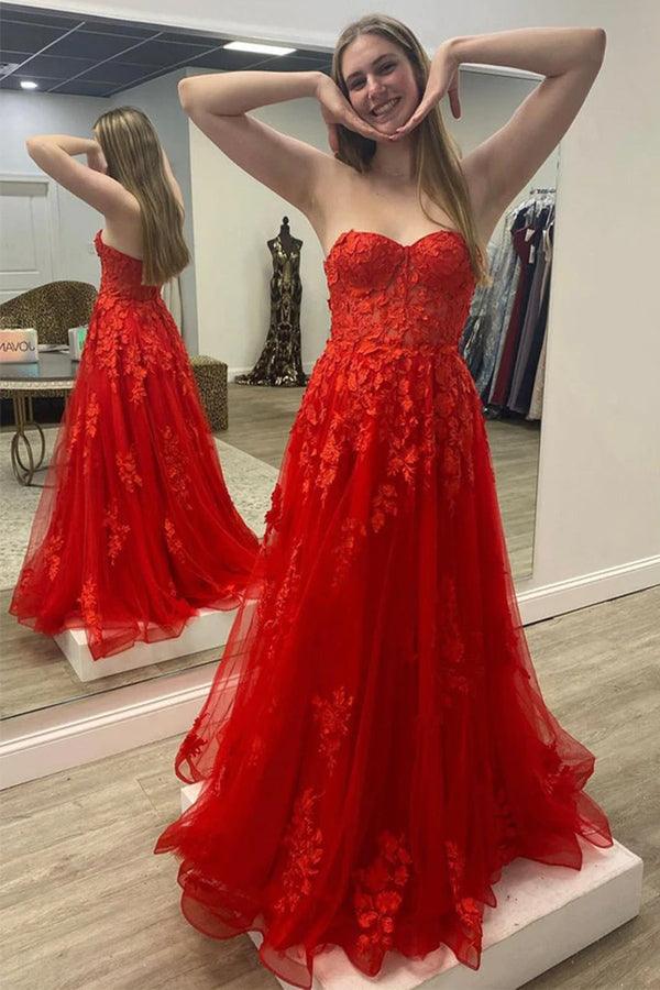 Long Red Evening Dress Strapless Lace Cheap Long Prom Dress – MyChicDress