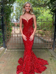 Long Red Sequins Prom Dresses Mermaid Strapless Formal Dress