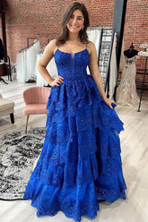 Long Royal Blue Tiered Prom Dress A-Line Sequins Straps - MyChicDress
