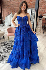 Long Royal Blue Tiered Prom Dress A-Line Sequins Straps