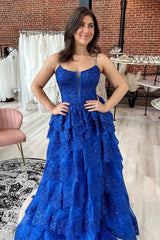 Long Royal Blue Tiered Prom Dress A-Line Sequins Straps