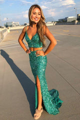 Long Sequin Mermaid Green Two Piece Prom Dresses