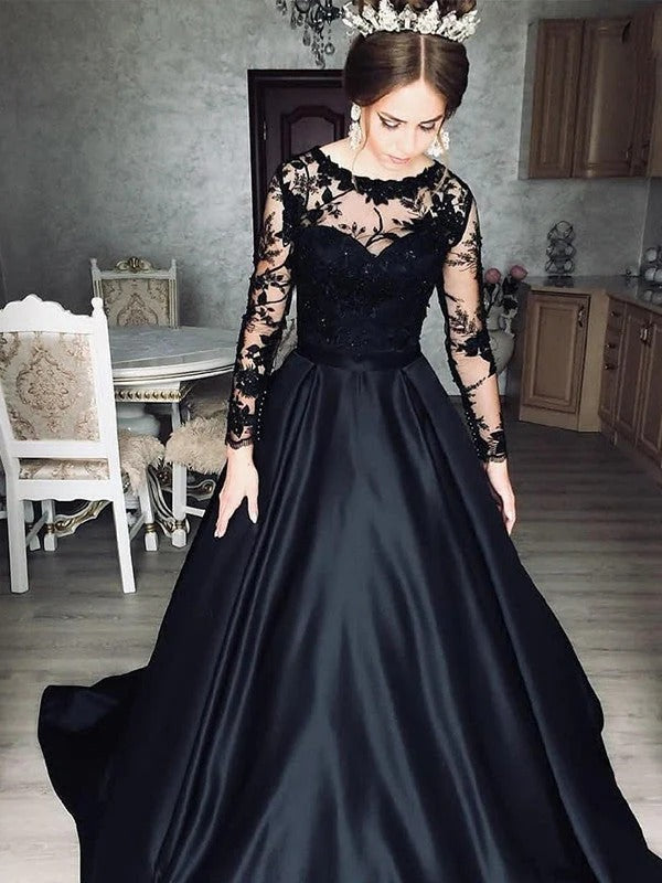 Long Sleeves Black Wedding Dress A-Line Satin Lace Illusion – MyChicDress