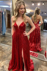 2024 Long V-Neck Red Prom Dress Sequin Lace-Up Back with Slit