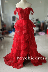 Long Lace Tiered Formal Dress Off the Shoulder Applique Sleeveless - MyChicDress