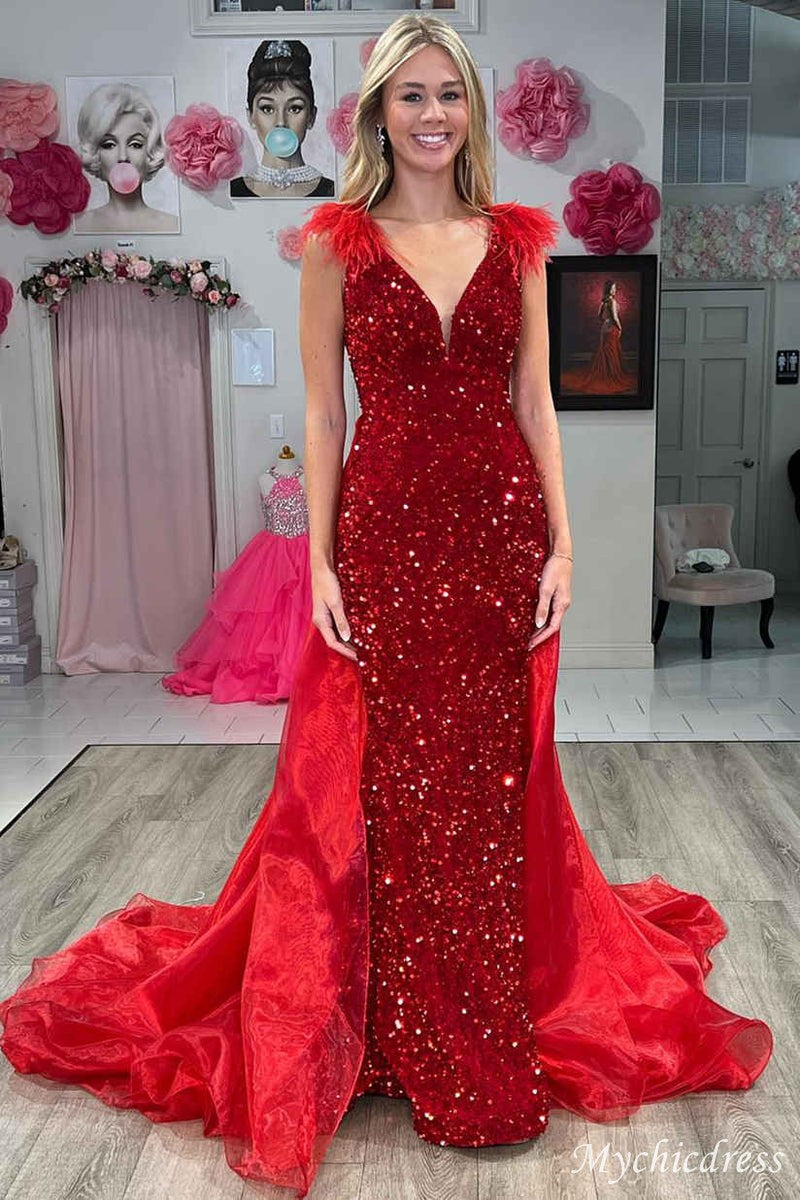 Long red sequin Mermaid Prom Dresses v-neck with Feathers red / US4