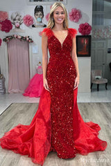 Long red 2024 sequin Mermaid Prom Dresses v-neck with Feathers