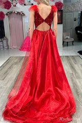 Long red 2024 sequin Mermaid Prom Dresses v-neck with Feathers