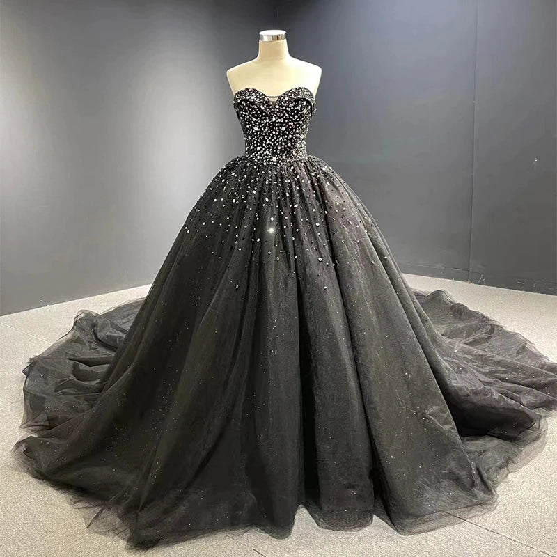 Luxury Crystals Black Wedding Dresses Gothic Sweetheart Tulle Quince Dress Black / US14 Luxury Crystals Black Wedding Dresses Gothic Sweetheart Tulle Quince Dress Black / US14