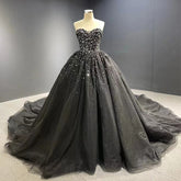 Luxury Crystals Black Wedding Dresses Gothic Sweetheart Tulle Quince Dress MyChicDress