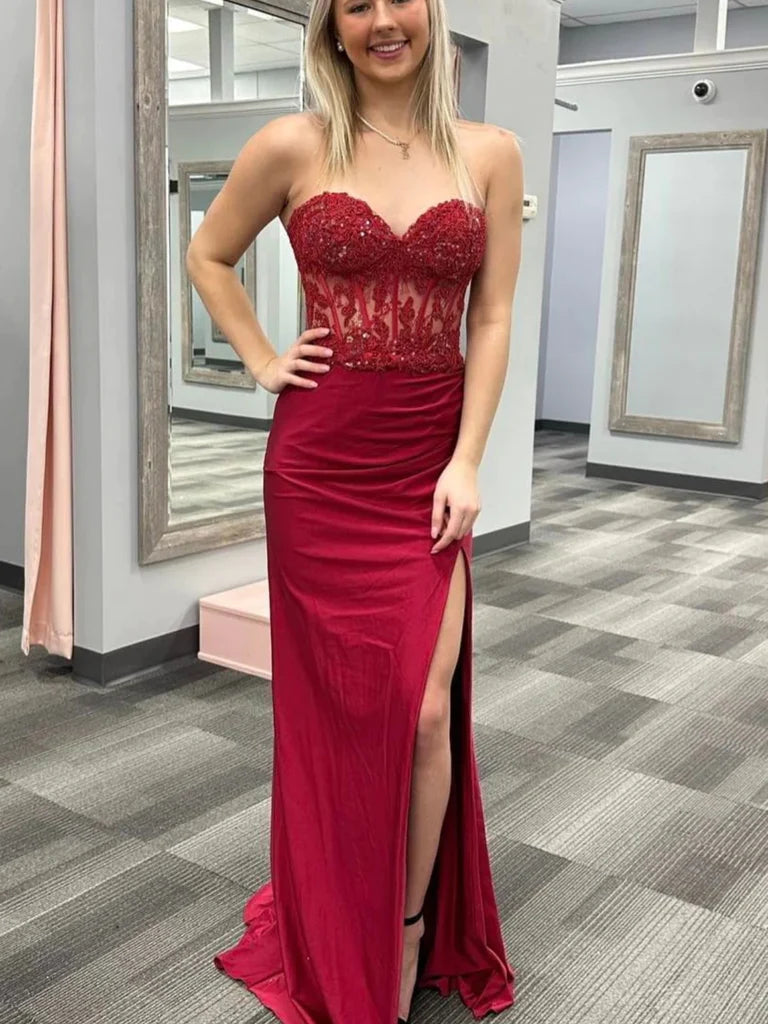 Mermaid Long Beaded Burgundy Lace Prom Dresses Strapless Burgundy / US14 Mermaid Long Beaded Burgundy Lace Prom Dresses Strapless Burgundy / US14