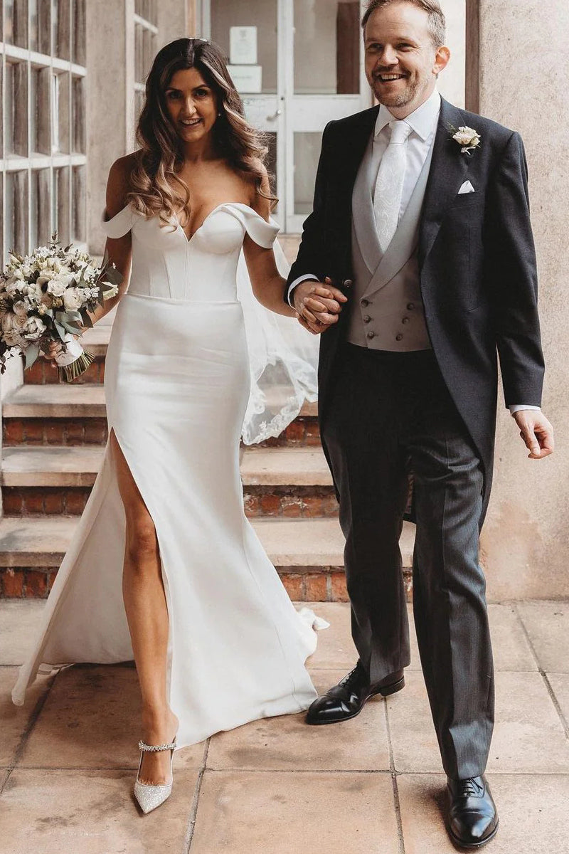 mermaid wedding dress with slit Mermaid Satin Minimalist Wedding Dresses Off the Shoulder with Slit Custom Size / Ivory
