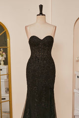 2024 Mermaid Black Prom Dress Sweetheart Appliques Slit Long Evening Dress