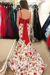 Mermaid Floral Print Red 2 Piece Prom Dresses Spaghetti Strap With Bow