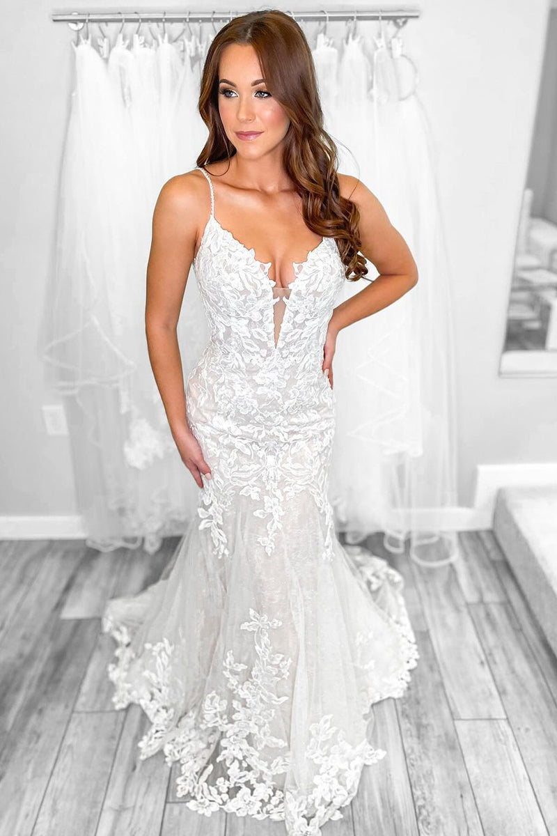 Mermaid Lace Boho Wedding Dresses Beach V Neck Sleeveless Custom Size / Ivory Mermaid Lace Boho Wedding Dresses Beach V Neck Sleeveless Custom Size / Ivory