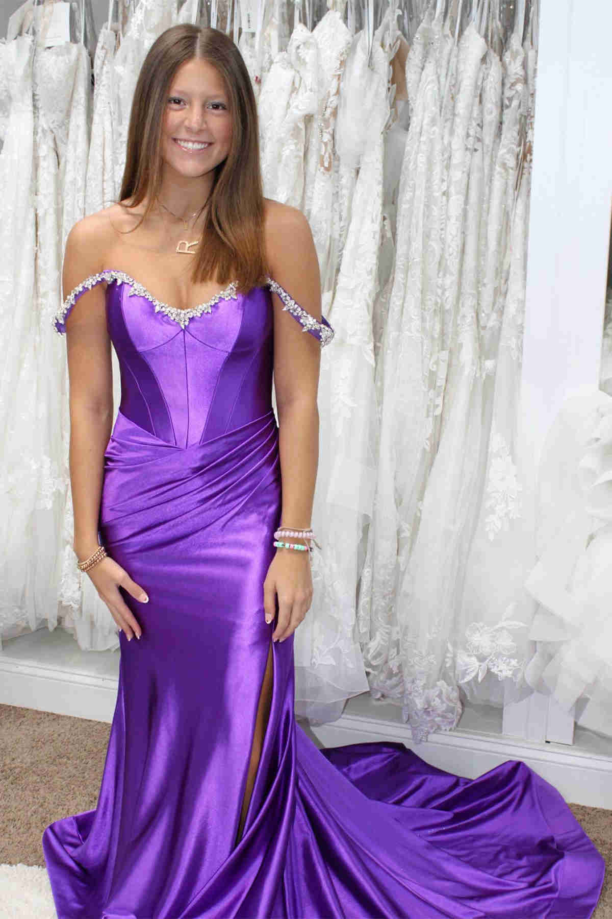 Mermaid Beaded Off the Shoulder Purple Prom Formal Dress with Slit Purple / US0