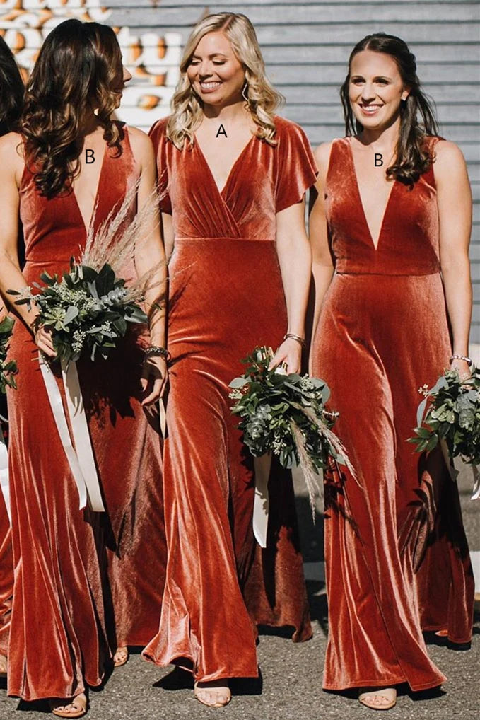 Mismatched Copper Bridesmaid Dress Velvet V Neck Mermaid Wedding Guest Dress US10 / Custom Color / B Mismatched Copper Bridesmaid Dress Velvet V Neck Mermaid Wedding Guest Dress US10 / Custom Color / B