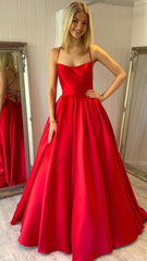 Modest Red Satin A Line Prom Dress Simple Backless Long Formal Dress