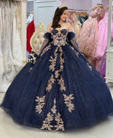 Navy Blue Quinceanera Dresses with Gold Appliqued Detachable Sleeves