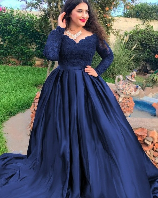 Navy Blue Satin Quince Dresses Long Sleeves Plue Size Prom Dresses Custom Color / US16 Navy Blue Satin Quince Dresses Long Sleeves Plue Size Prom Dresses Custom Color / US16