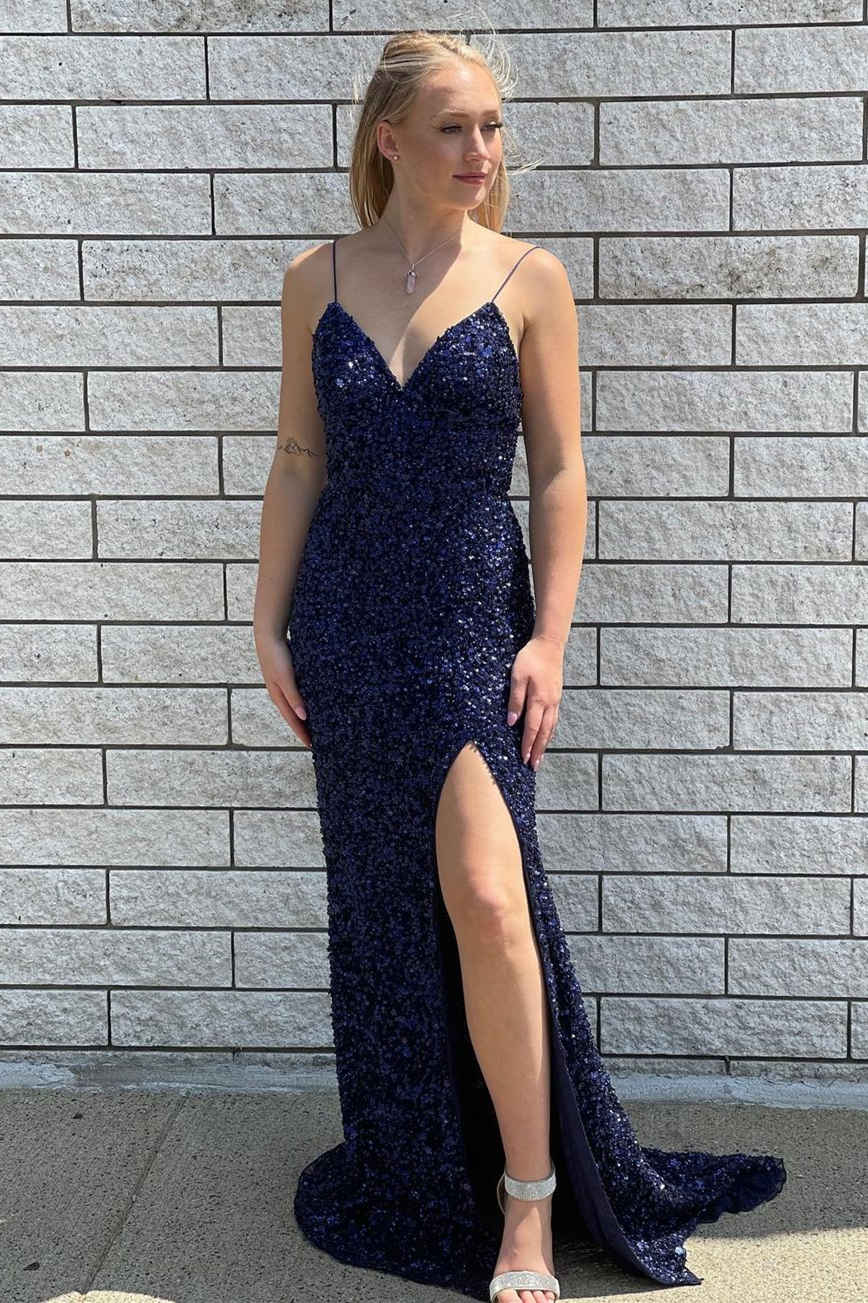 2025 Navy Blue Sequined Prom Dress Long Evening Dress UK V-Neck Straps