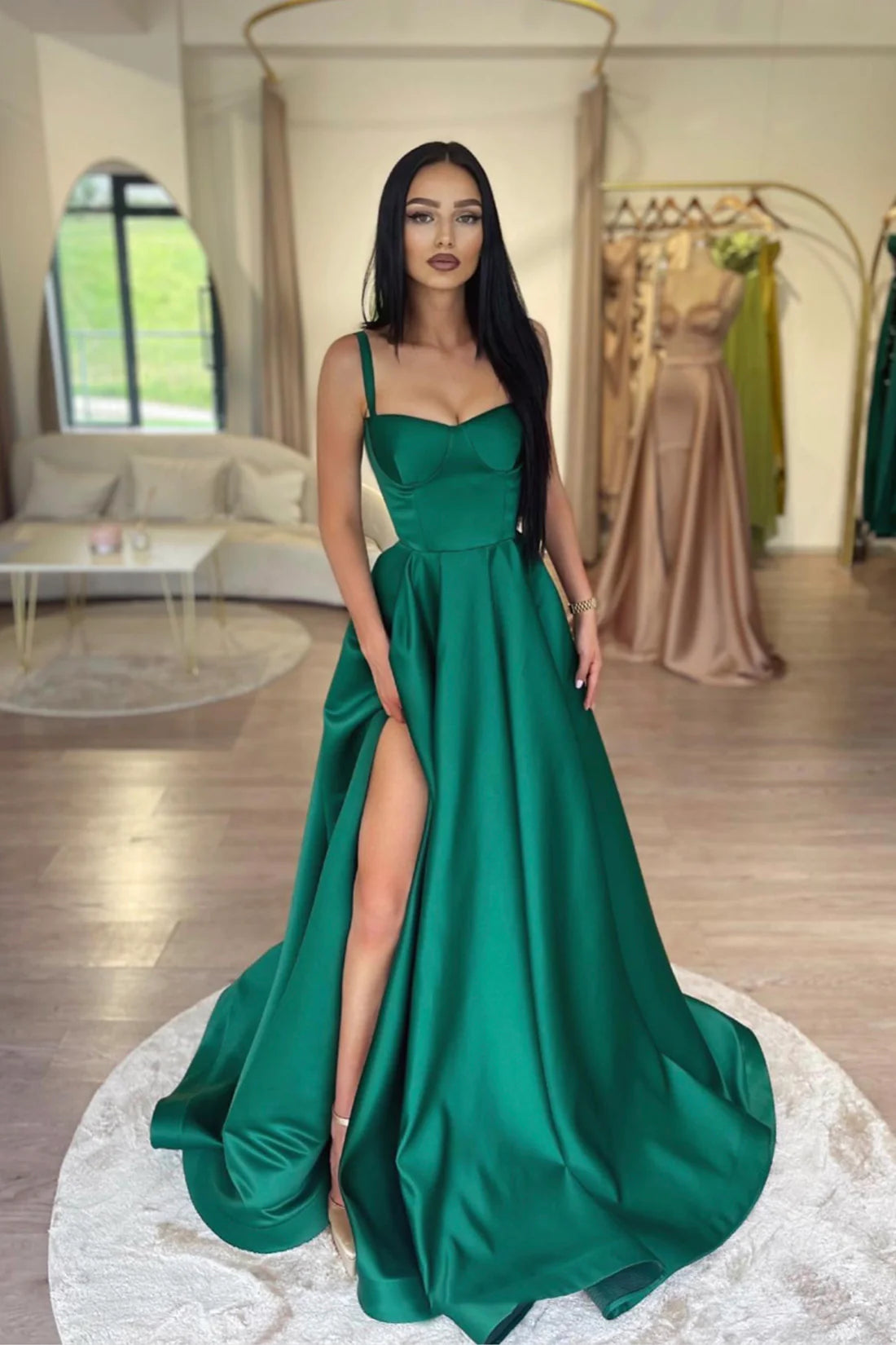 green floor length dress