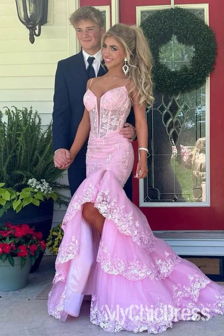 New Pink Tiered Lace Applique Prom Dresses V-Neck Mermaid Custom color / US16W New Pink Tiered Lace Applique Prom Dresses V-Neck Mermaid Custom color / US16W