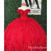 New Red Quinceanera 15 Dresses Beaded Off the Shoulder with 3D Flowers - MyChicDress