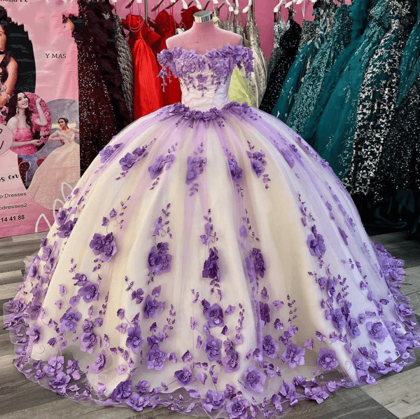 Off Shoulder Lilac Sweet 16 Dress 3D Flowers Corset Quinceanera Dresses Lilac / US20W Off Shoulder Lilac Sweet 16 Dress 3D Flowers Corset Quinceanera Dresses Lilac / US20W