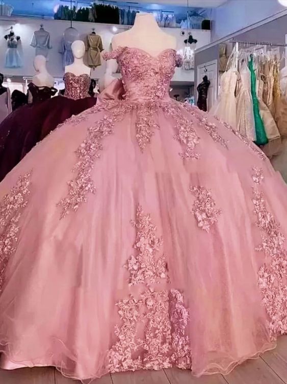 Off the Shoulder Rose Pink Quinceanera Dress Lace Applique Sweet 15 Dress US12 / Custom Color Off the Shoulder Rose Pink Quinceanera Dress Lace Applique Sweet 15 Dress US12 / Custom Color