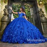 Off Shoulder Butterfly Royal Blue Quince Dress 3D Flowers Vestidos XV Años - MyChicDress