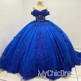 Off Shoulder Royal Blue Quinceanera Dresses Lace Applique Sweet 16 Dress Beaded Mychicdress