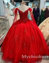 Off Shoulder Sweet 15 Gown Red Quinceanera Dresses 3D Flowers - MyChicDress