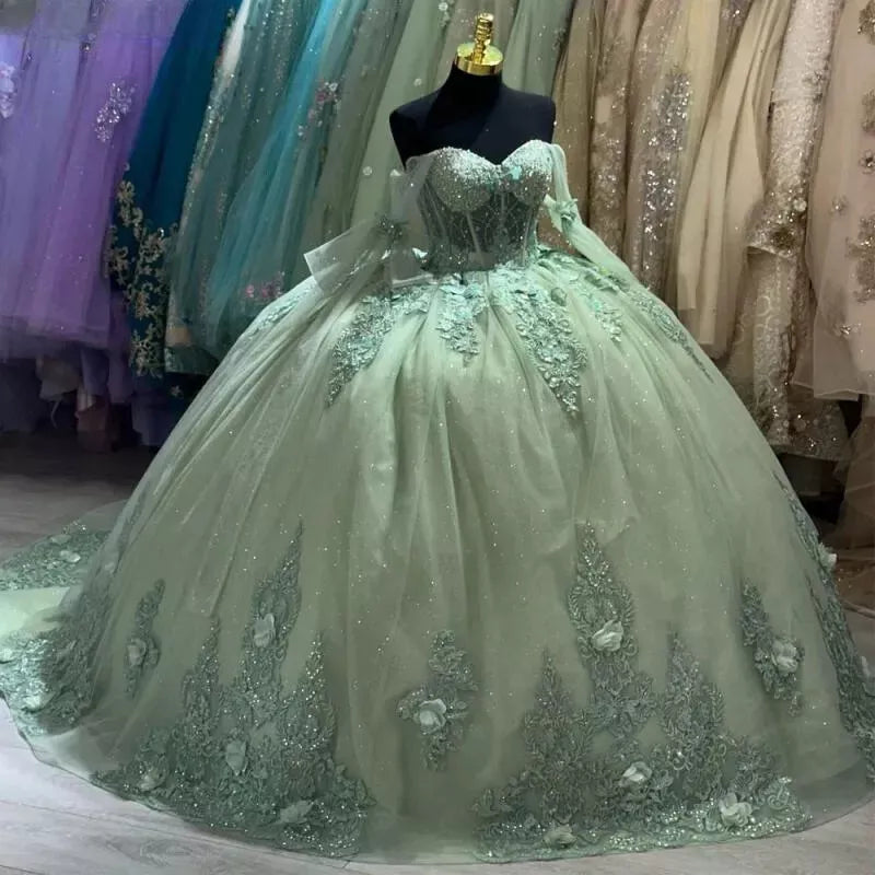 Off the shoulder Long Sleeve Mint Green Quinceanera Dress Ball Gown US10 / Mint Green Off the shoulder Long Sleeve Mint Green Quinceanera Dress Ball Gown US10 / Mint Green