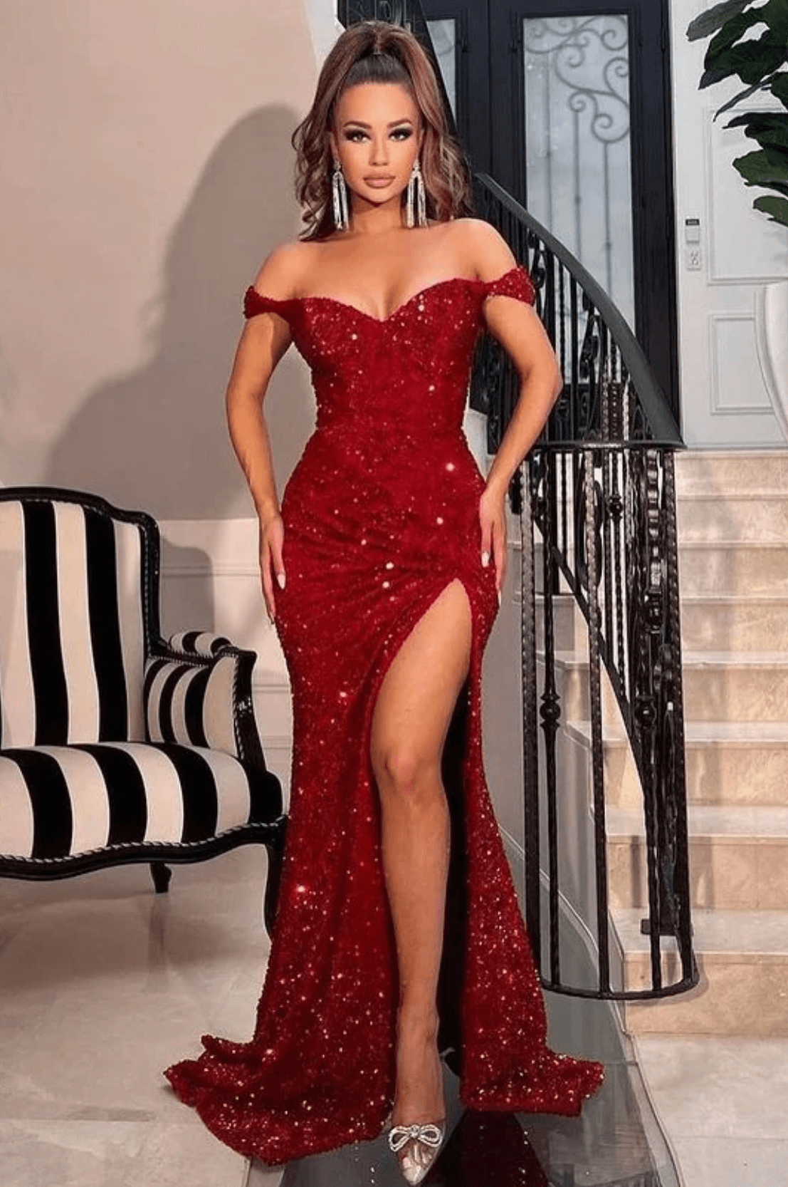 V-neck Burgundy Sequin Prom Dresses with Dark Sequins V-neck Burgundy Sequin Prom Dresses with Dark Sequins