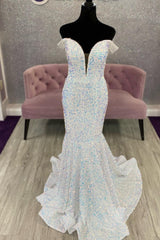Off the Shoulder White Iridescent Sequin Long Prom Dress Mermaid Formal Dress