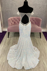 Off the Shoulder White Iridescent Sequin Long Prom Dress Mermaid Formal Dress