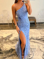 One Shoulder Blue Prom Dresses Lace Formal Dresses Mermaid