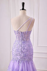 One Shoulder Sequin Violet Purple Prom Dress Tiered Ruffle Mermaid Appliqeus