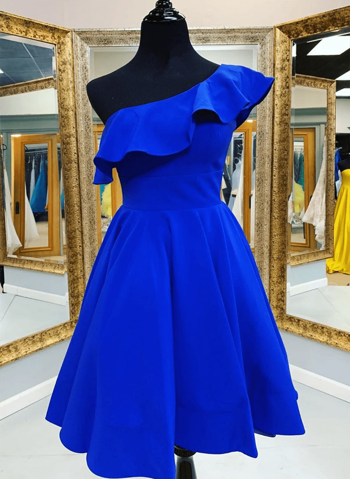 One Shoulder Short Royal Blue Homecoming Dress Ruffled Grad Dress US14W / Yellow One Shoulder Short Royal Blue Homecoming Dress Ruffled Grad Dress US14W / Yellow