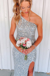 One Shoulder Silver Sequin Prom Dresses Mermaid Formal Gown - MyChicDress