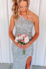 One Shoulder Silver Sequin Prom Dresses Mermaid Formal Gown